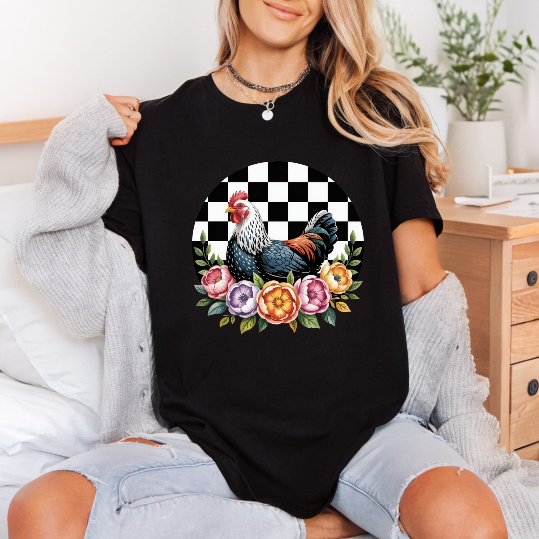 Rooster Floral Checkerboard Farmhouse Pet Floral Ready to Press DTF Transfer for Dtf