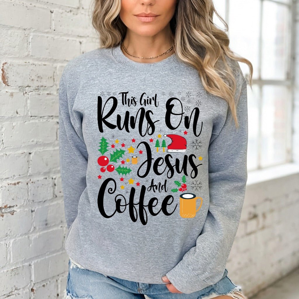 Runs On Jesus And Coffee | Christmas Spirit Sweatshirt - Luckets.com
