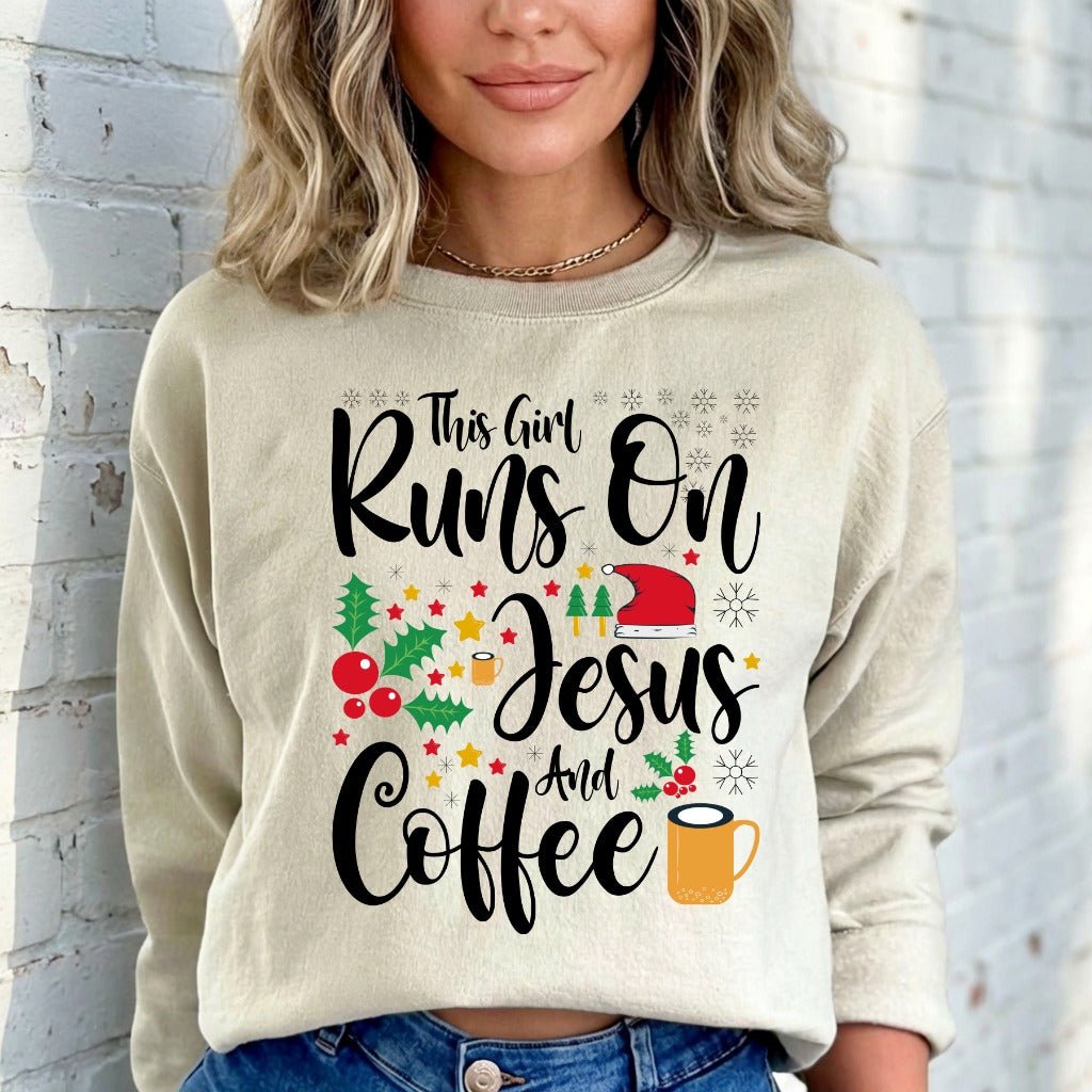 Runs On Jesus And Coffee | Christmas Spirit Sweatshirt - Luckets.com