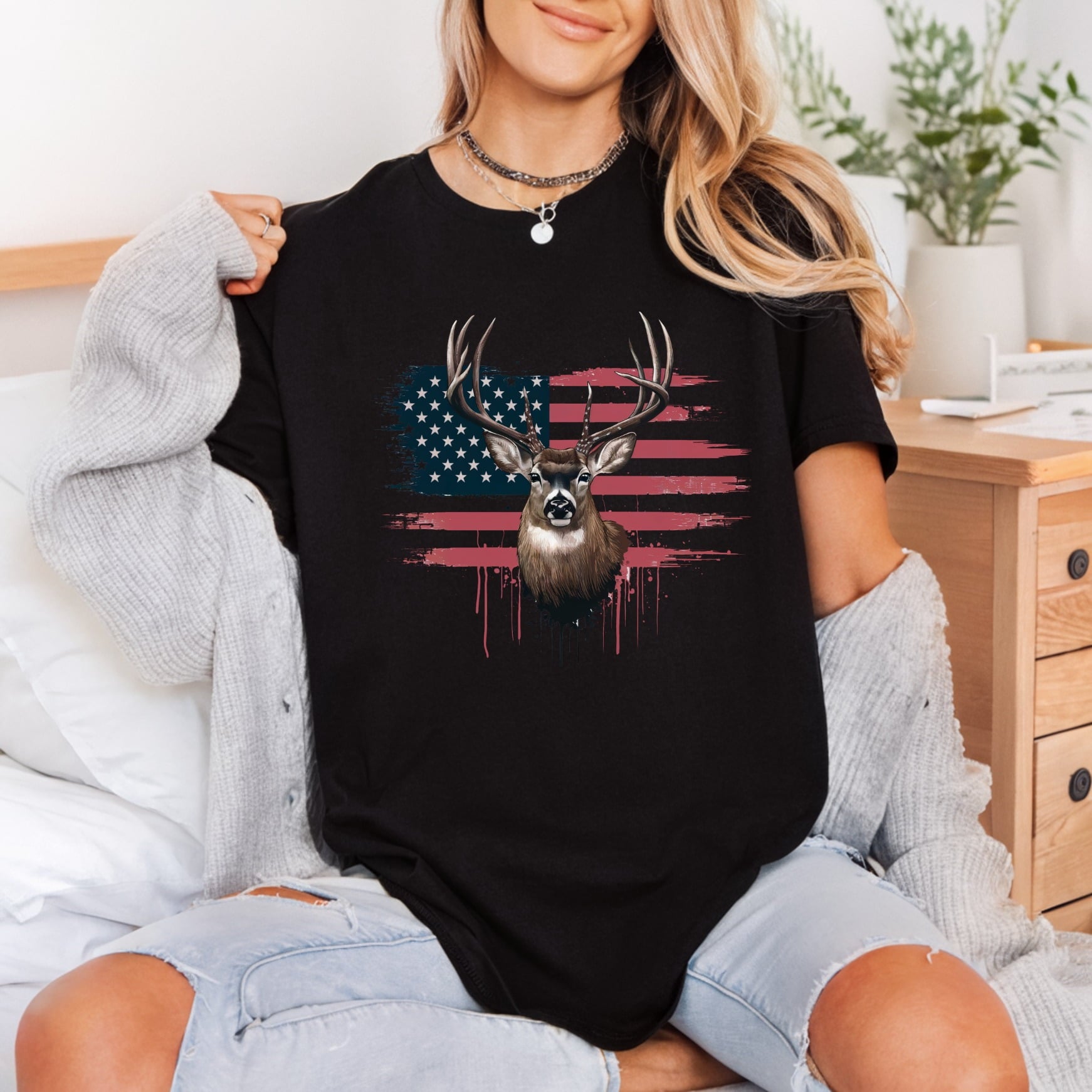 Rustic Deer American Flag Patriotic Usa Ready to Press DTF Transfer for Dtf