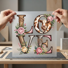 Rustic Floral Cow Love Usa Vintage Ready to Press DTF Transfer for Dtf