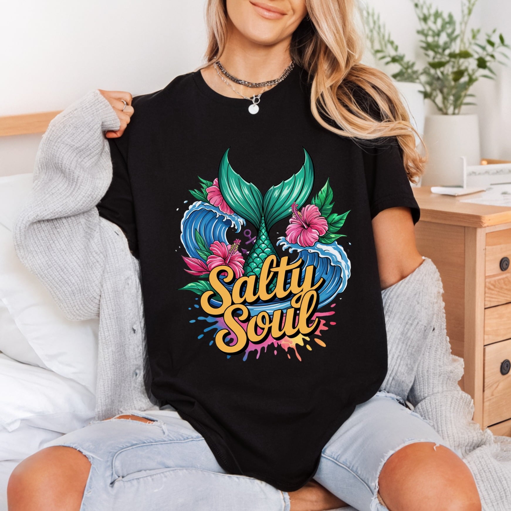 Salty Soul Mermaid Tropical Summer Ready to Press DTF Transfer for Dtf