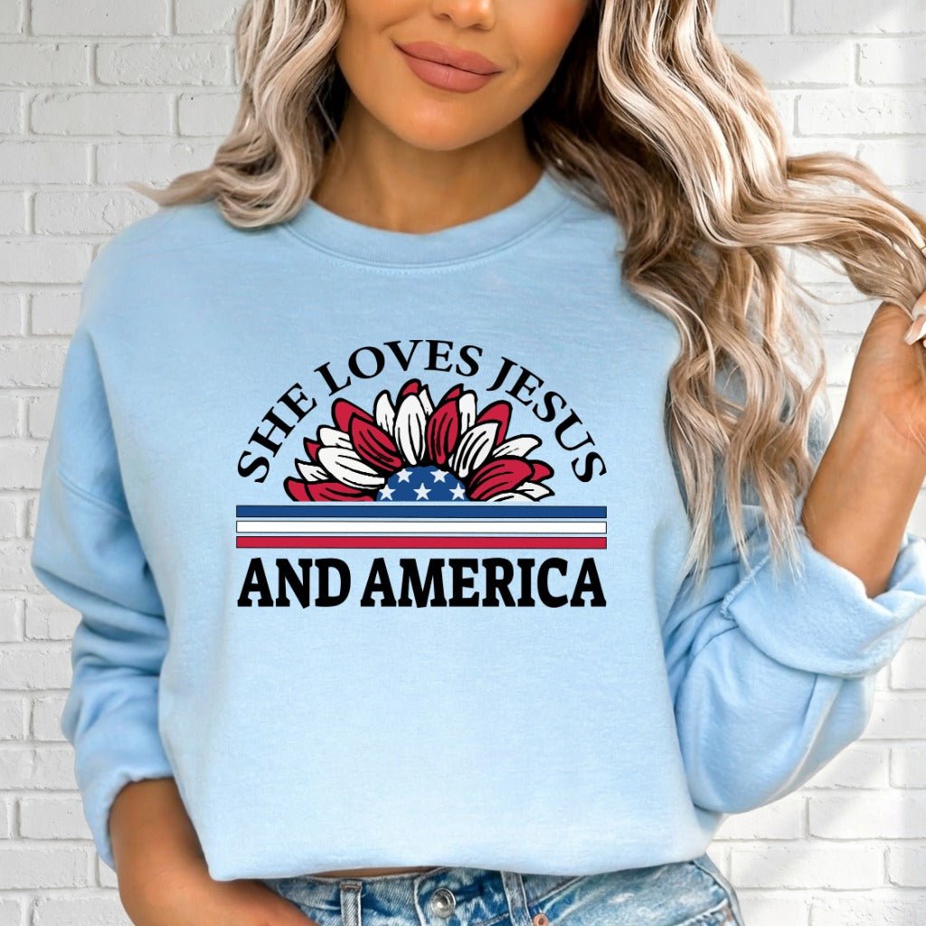She Loves Jesus and America | Patriotic Faith Sweatshirt - Luckets.com