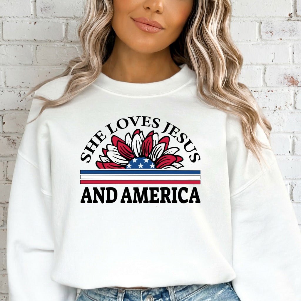 She Loves Jesus and America | Patriotic Faith Sweatshirt - Luckets.com