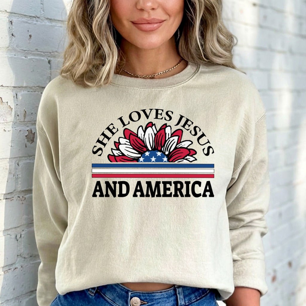 She Loves Jesus and America | Patriotic Faith Sweatshirt - Luckets.com