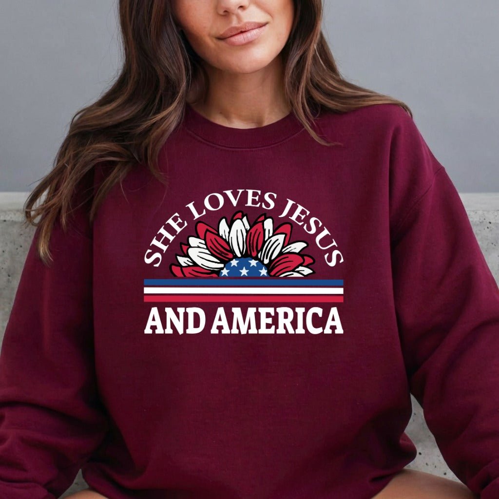 She Loves Jesus and America | Patriotic Faith Sweatshirt - Luckets.com