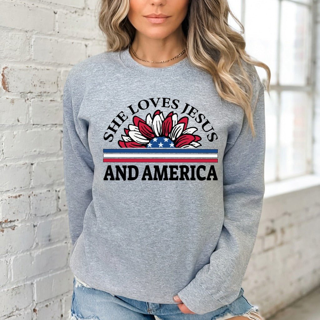She Loves Jesus and America | Patriotic Faith Sweatshirt - Luckets.com