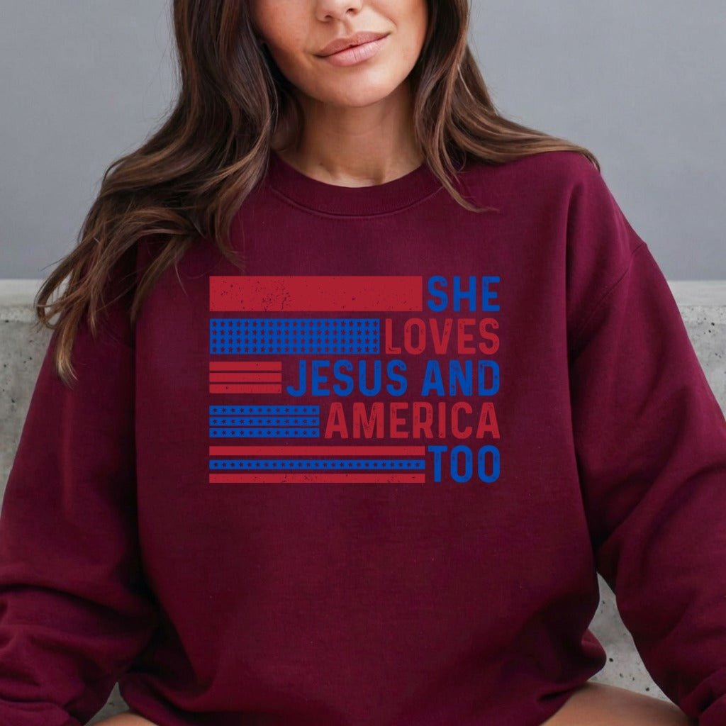 She Loves Jesus And America Too | Patriotic Faith Sweatshirt - Luckets.com