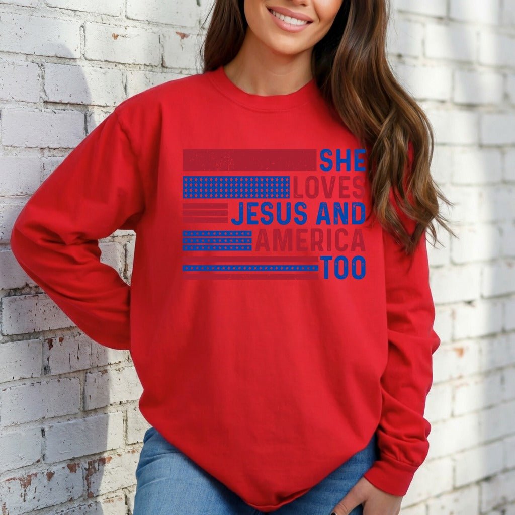 She Loves Jesus And America Too | Patriotic Faith Sweatshirt - Luckets.com