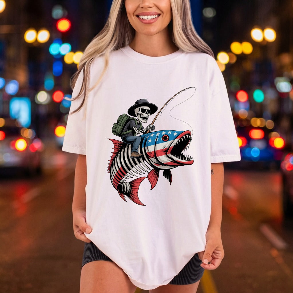 Skeleton Fisherman American Flag 4th Of July Patriotic Ready to Press DTF Transfer for Dtf