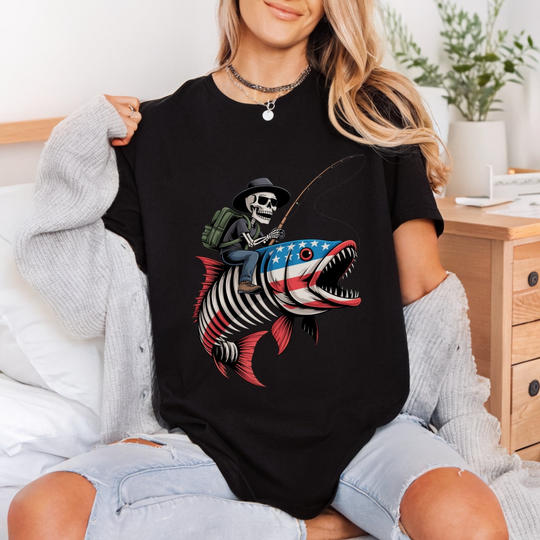 Skeleton Fisherman American Flag 4th Of July Patriotic Ready to Press DTF Transfer for Dtf
