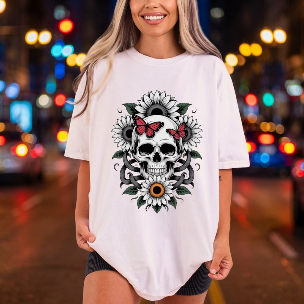 Skull Sunflower Butterfly Gothic Halloween Skull Ready to Press DTF Transfer for Dtf