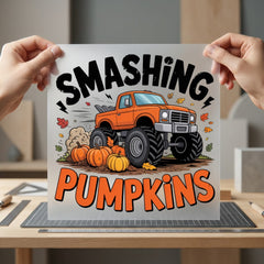 Smashing Pumpkins Monster Truck Halloween Fall Ready to Press DTF Transfer for Dtf