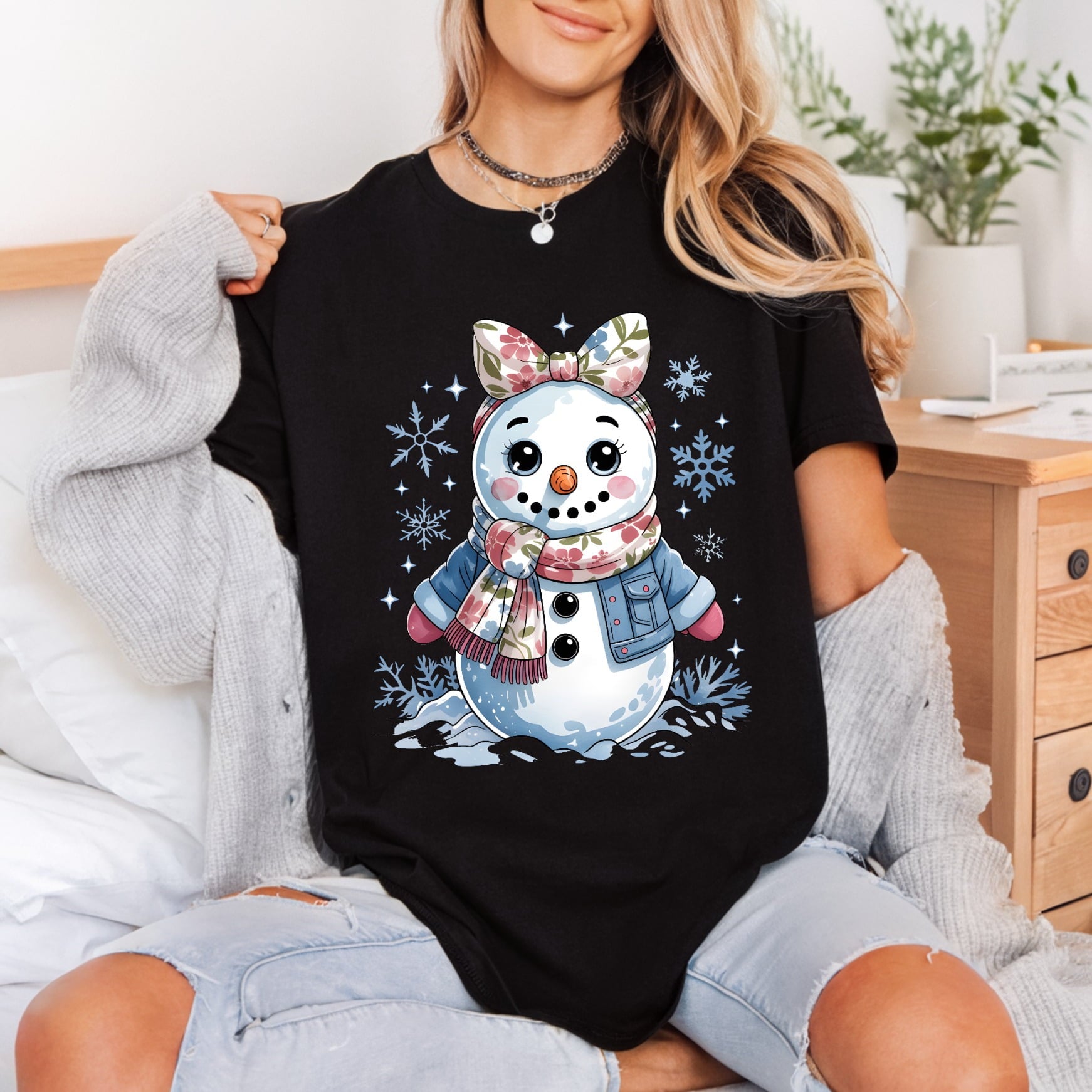 Snowman Girl Scarf Denim Christmas Winter Ready to Press DTF Transfer for Dtf