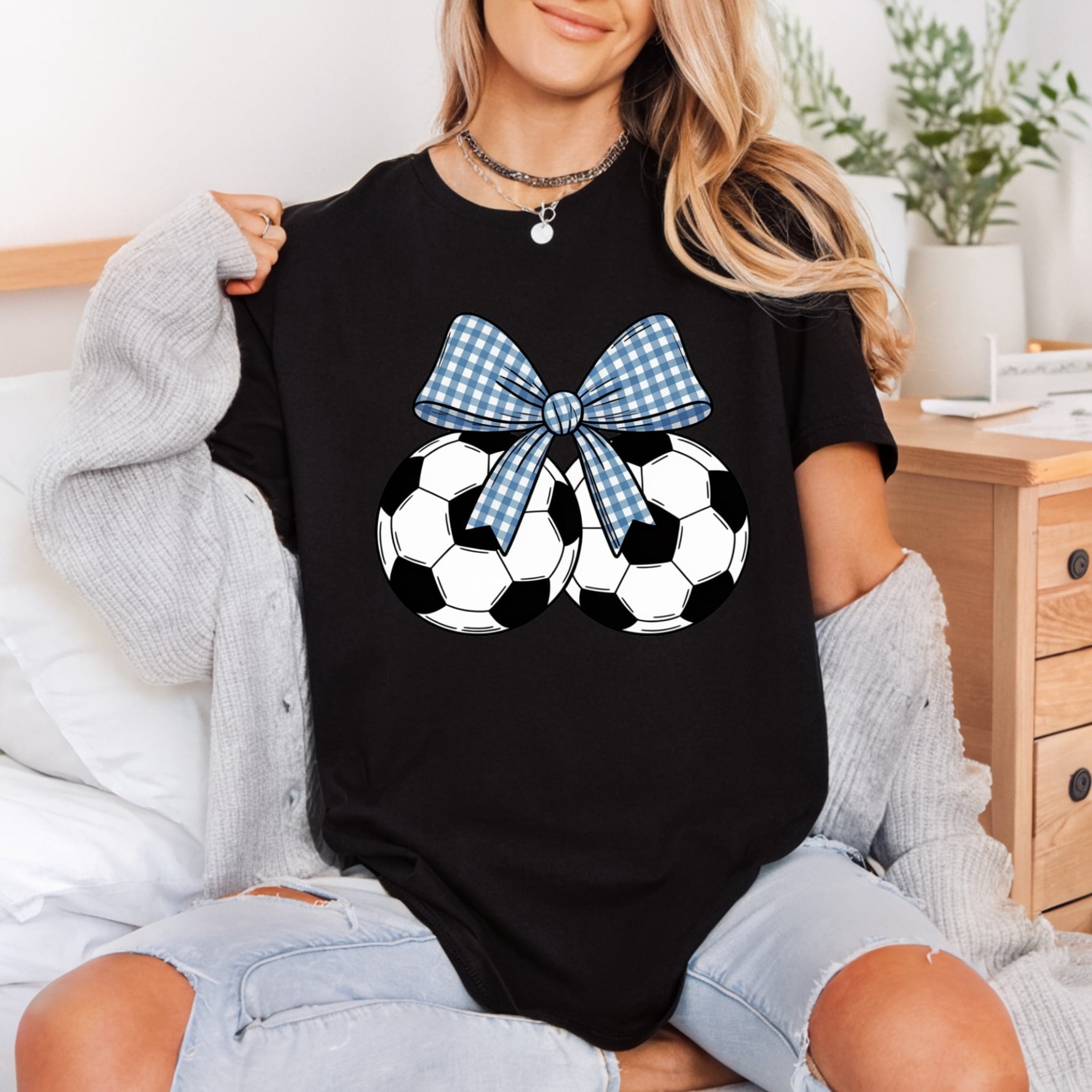 Soccer Ball Bow Gingham Mom Fitness Ready to Press DTF Transfer for Dtf