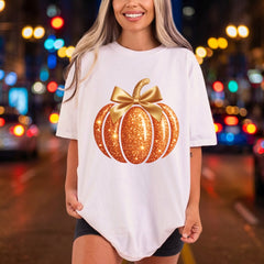 Sparkling Glitter Pumpkin Bow Halloween Thanksgiving Ready to Press DTF Transfer for Dtf