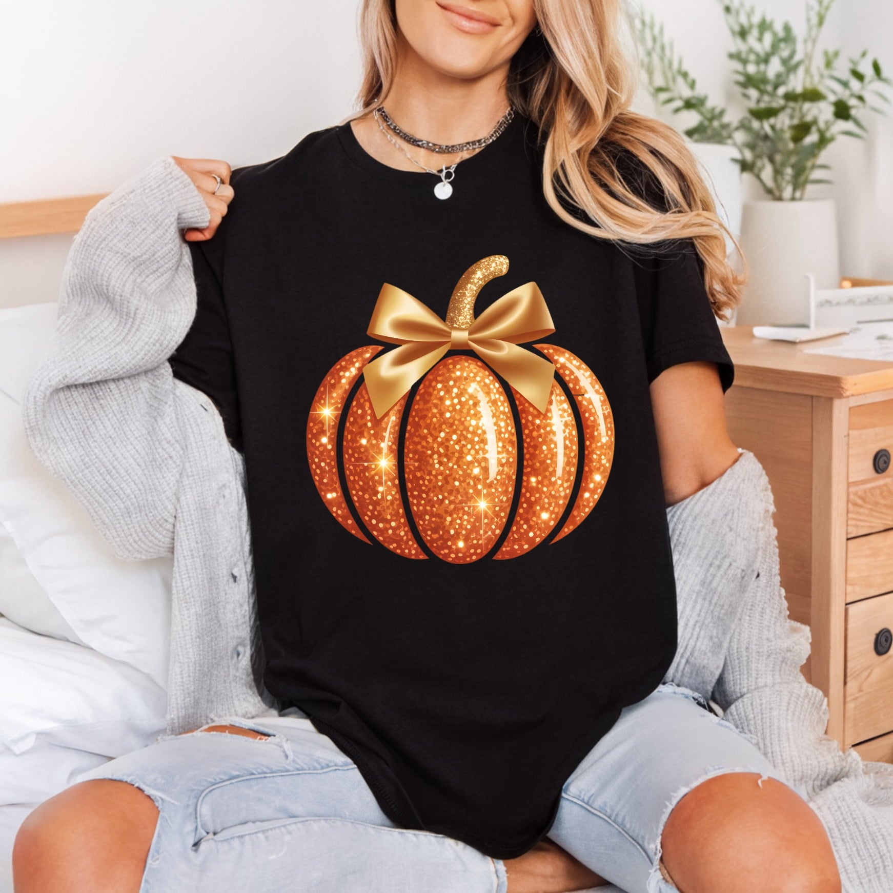 Sparkling Glitter Pumpkin Bow Halloween Thanksgiving Ready to Press DTF Transfer for Dtf