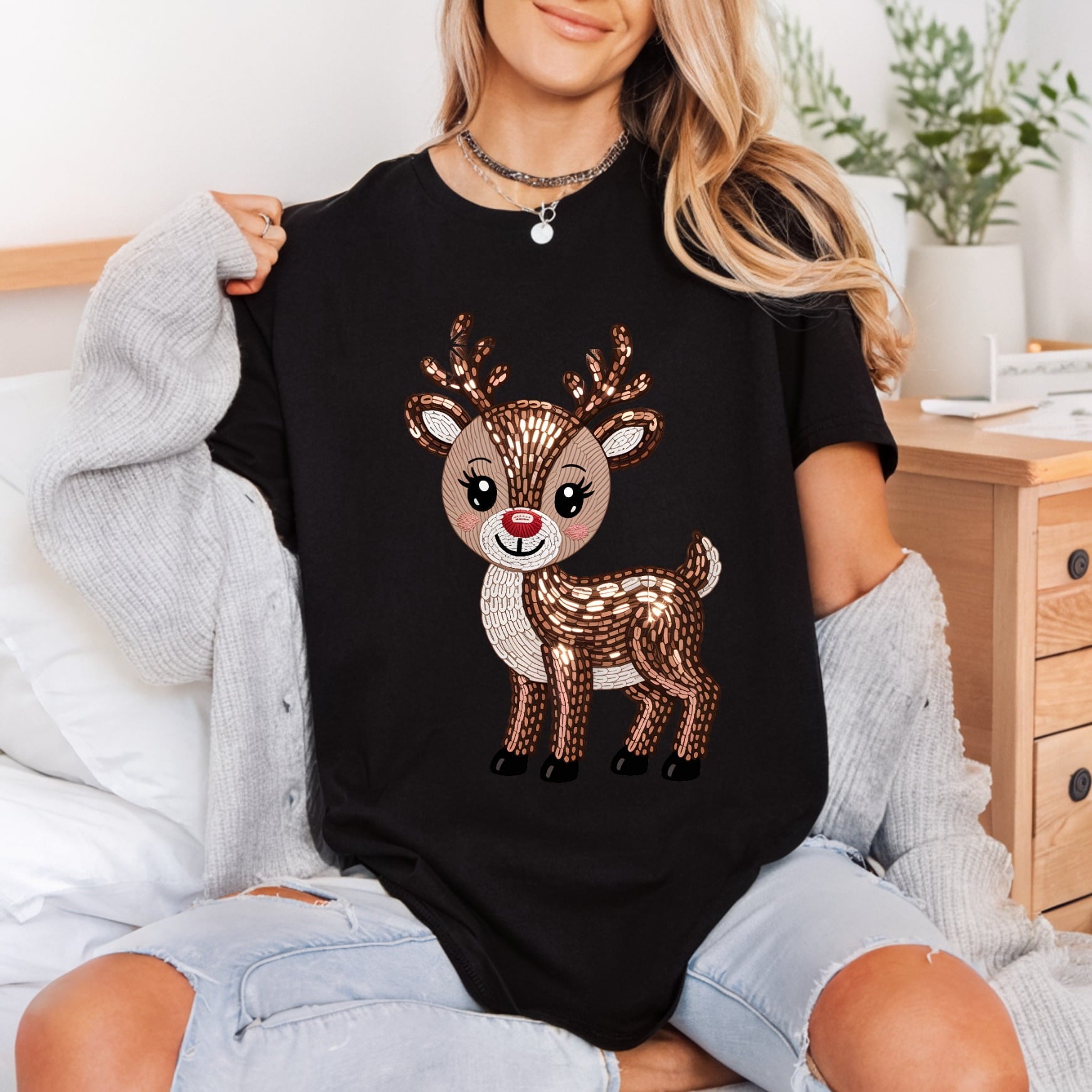 Sparkly Sequin Reindeer Christmas Christmas Funny Ready to Press DTF Transfer for Dtf
