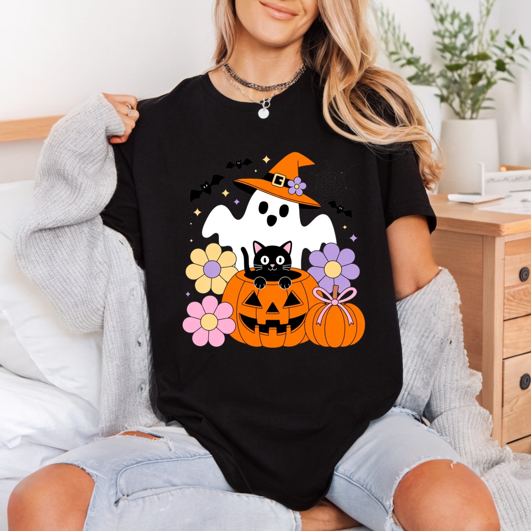 Spooky Ghost Cat Pumpkin Halloween Retro Ready to Press DTF Transfer for Dtf