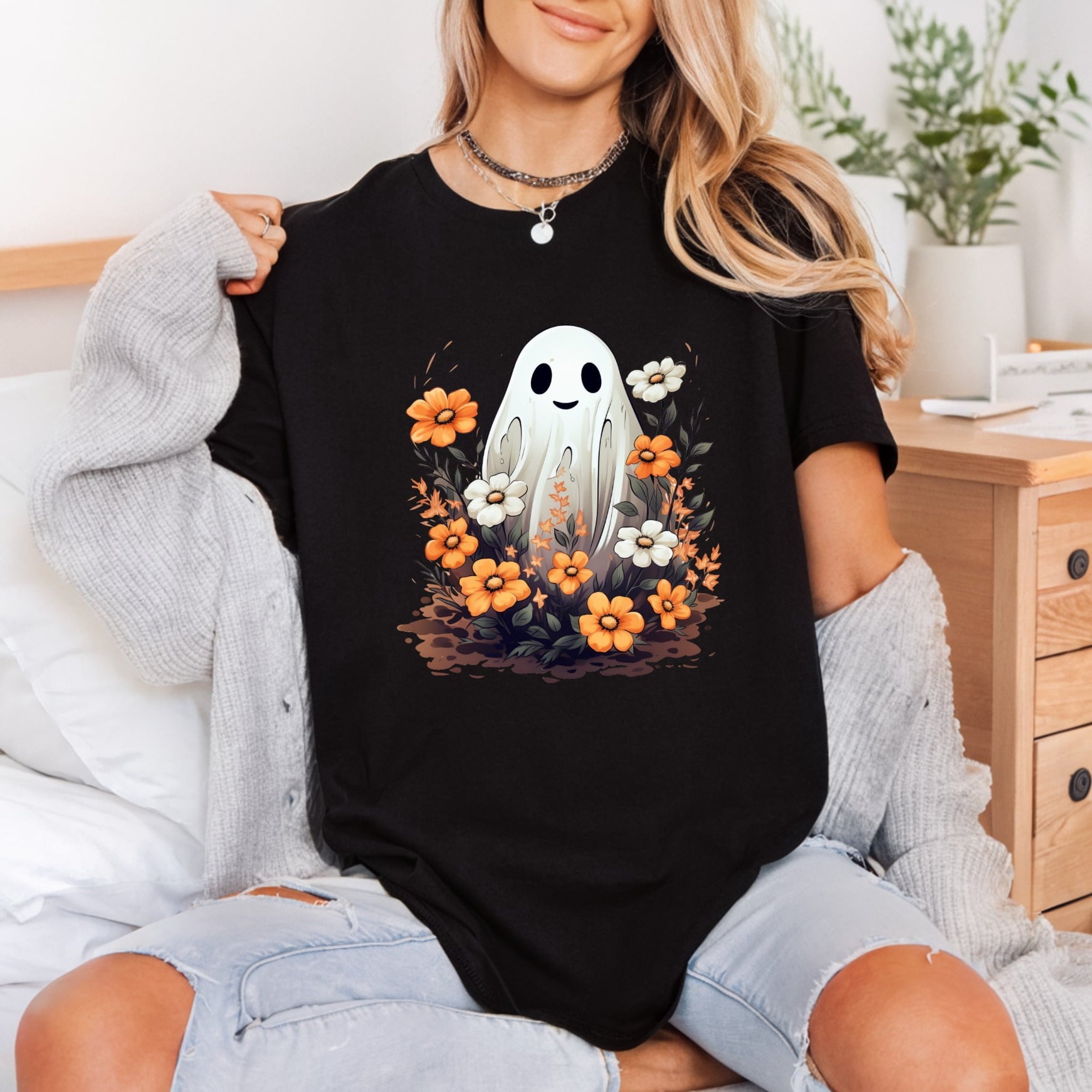 Spooky Ghost Floral Halloween Halloween Floral Ready to Press DTF Transfer for Dtf