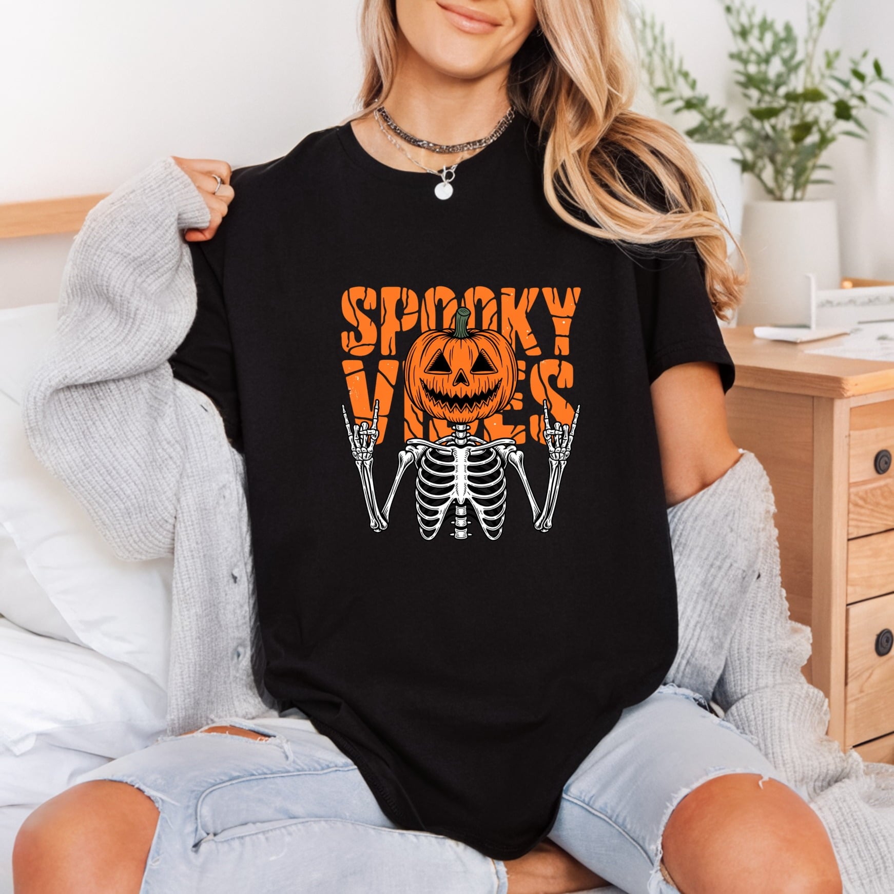 Spooky Vibes Pumpkin Skeleton Halloween Vintage Ready to Press DTF Transfer for Dtf