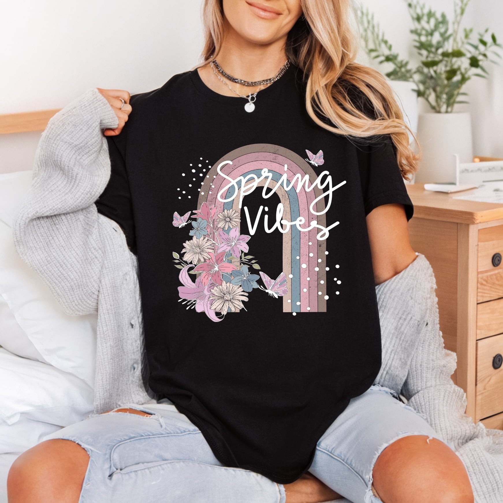Spring Vibes Floral Rainbow Spring Vintage Ready to Press DTF Transfer for Dtf