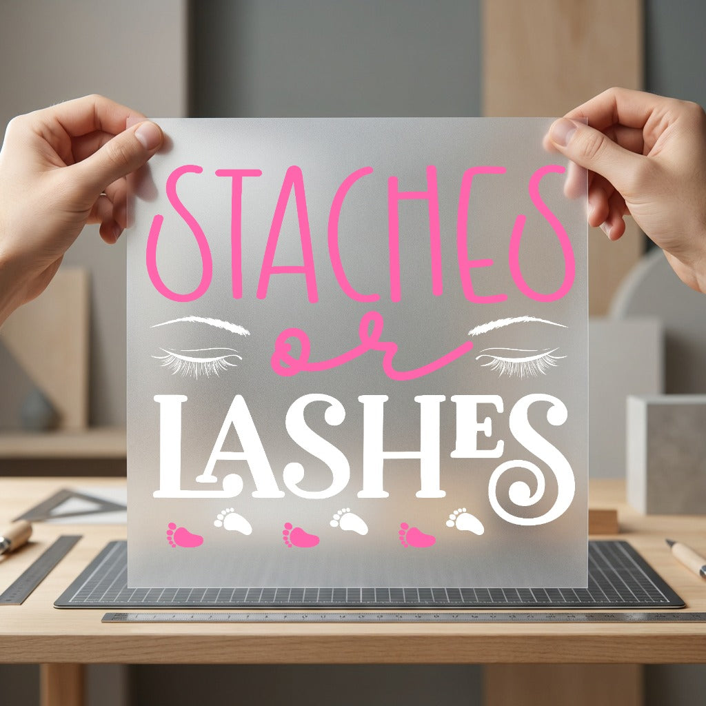 Staches Lashes Gender Reveal Mom Ready to Press DTF Transfer for Dtf