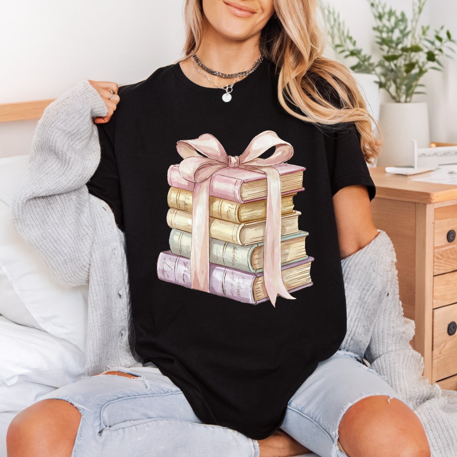 Stack Books Pink Bow Aesthetic Ready to Press DTF Transfer for Dtf