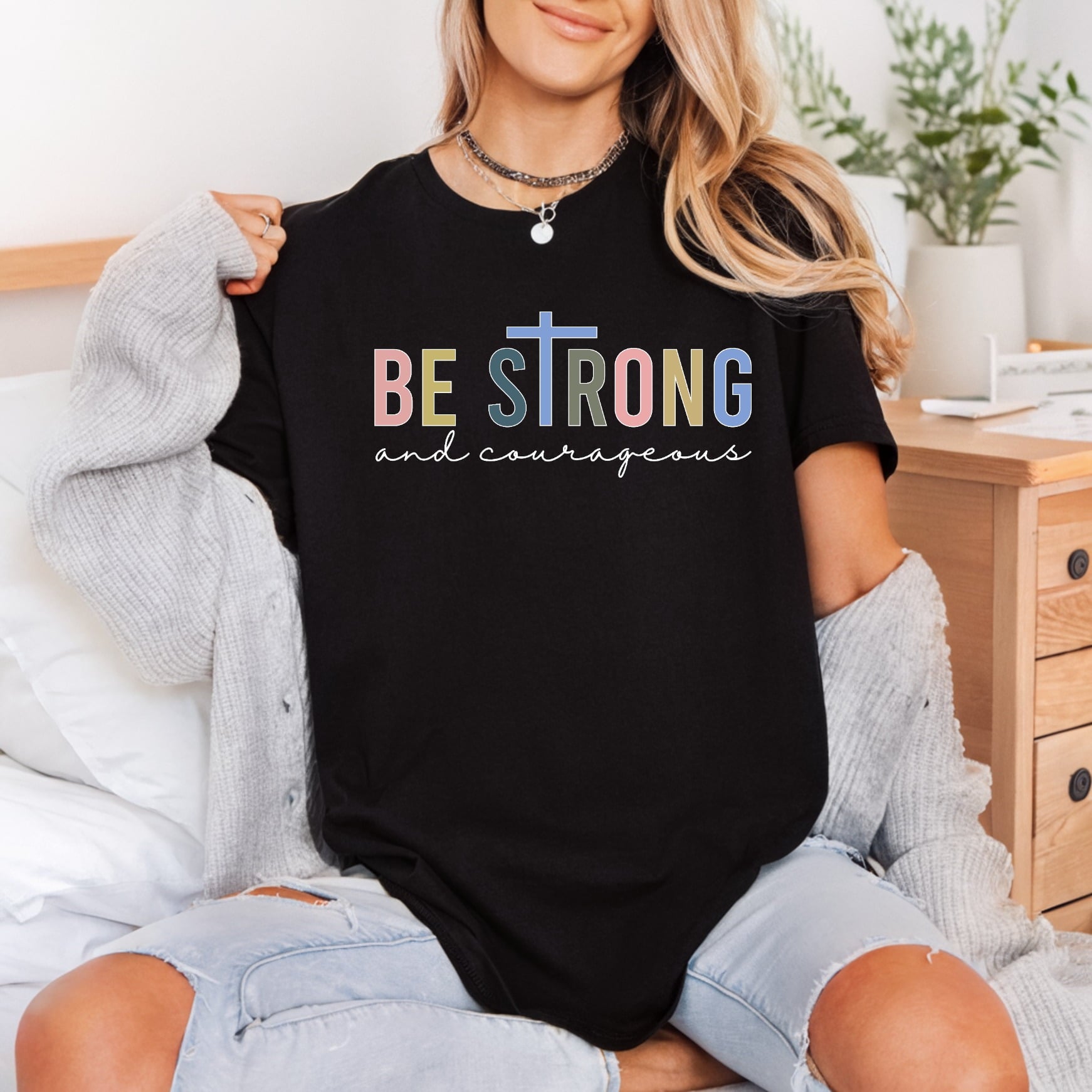 Strong Courageous Cross Boho Christian Faith Ready to Press DTF Transfer for Dtf