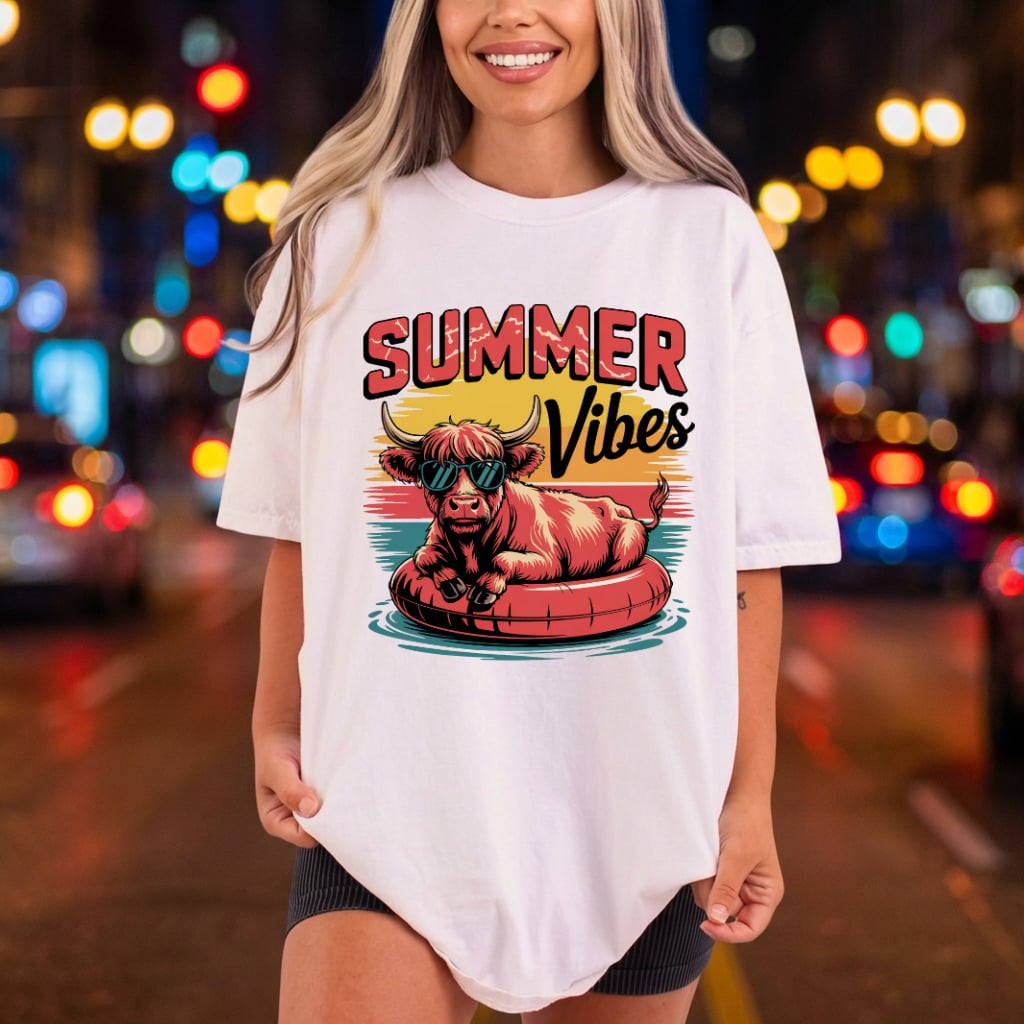 Summer Highland Cow Vibes Summer Funny Ready to Press DTF Transfer for Dtf