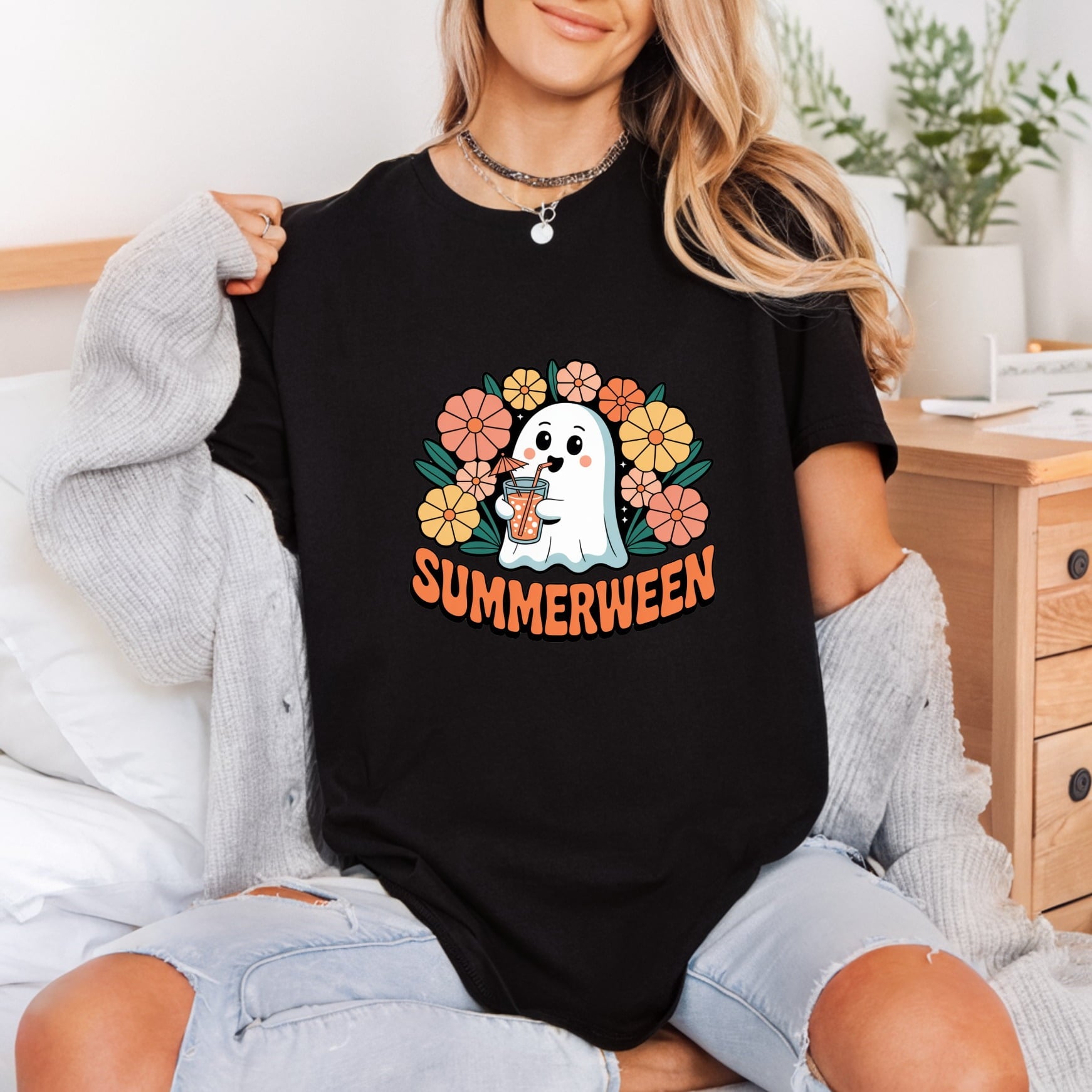 Summerween Ghost Cocktail Retro Halloween Retro Ready to Press DTF Transfer for Dtf