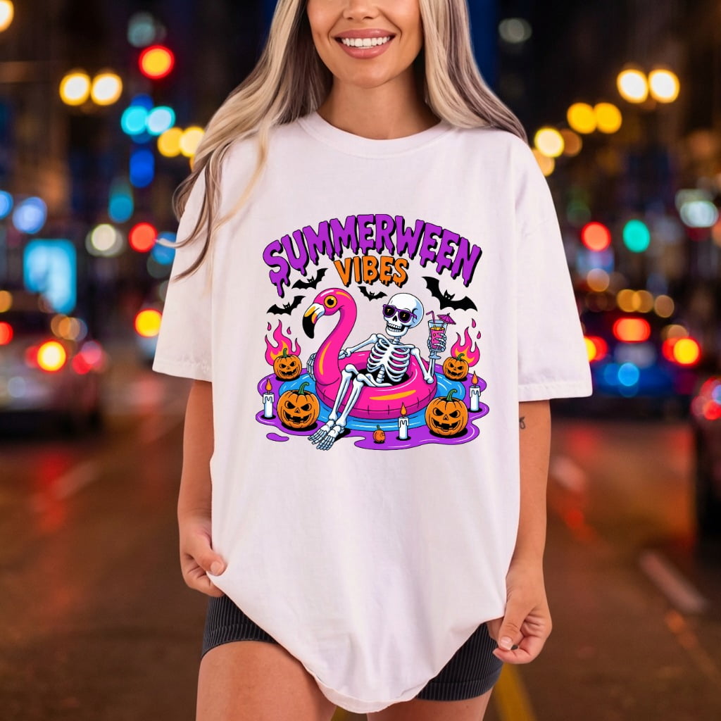 Summerween Vibes Skeleton Flamingo Halloween Ready to Press DTF Transfer for Dtf