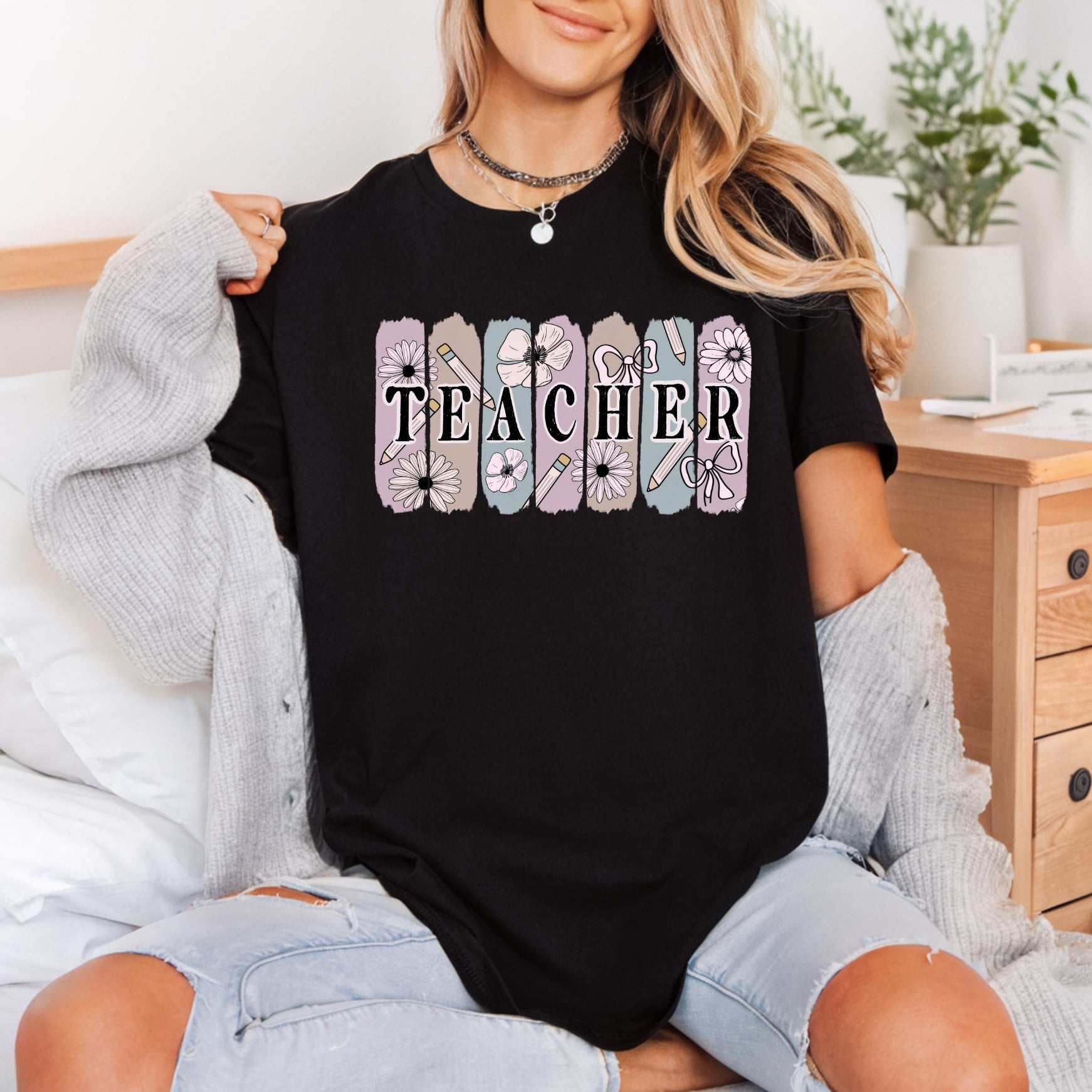 Teacher Floral Pencil Retro Teacher Boho Ready to Press DTF Transfer for Dtf