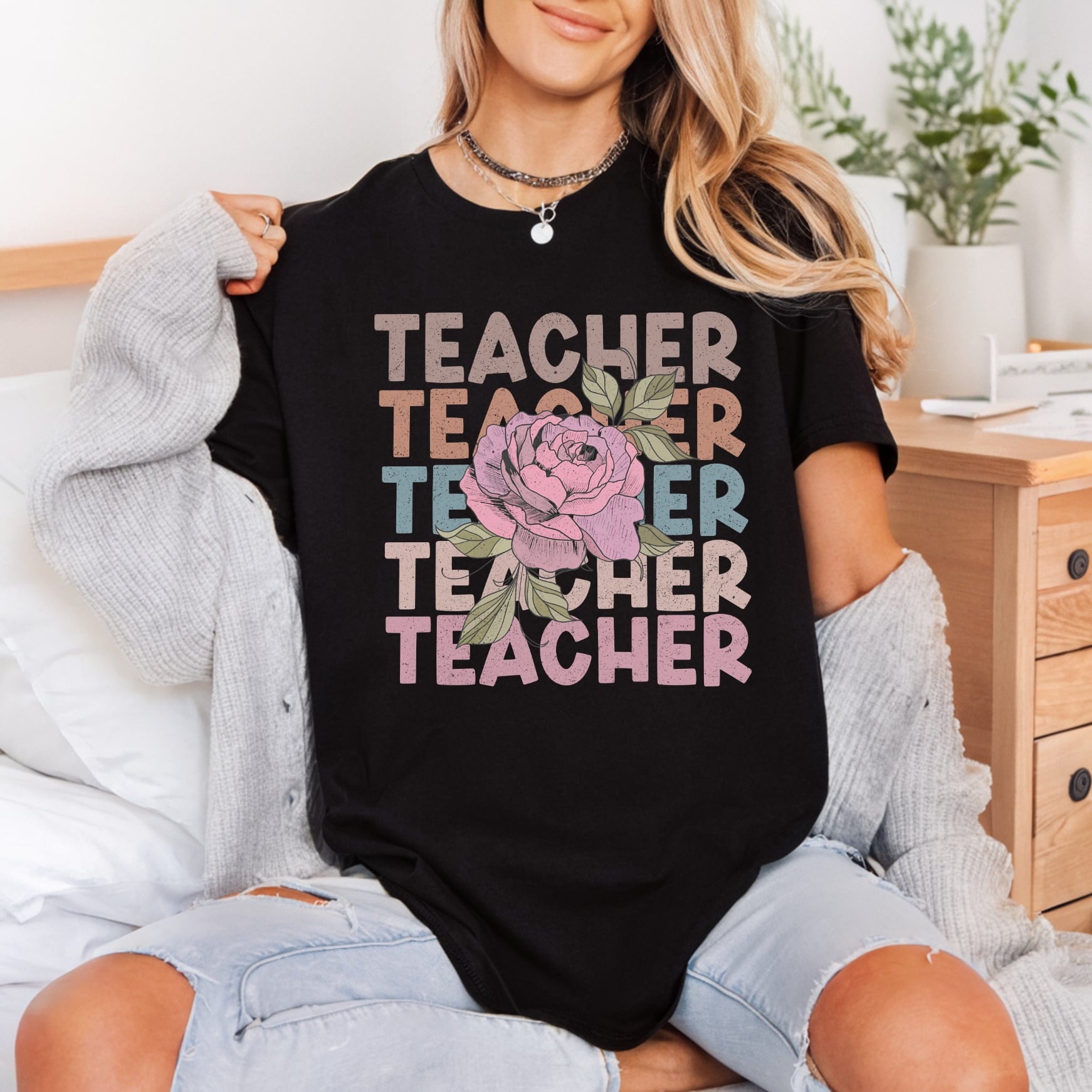 Teacher Rose Floral Retro Teacher Vintage Ready to Press DTF Transfer for Dtf