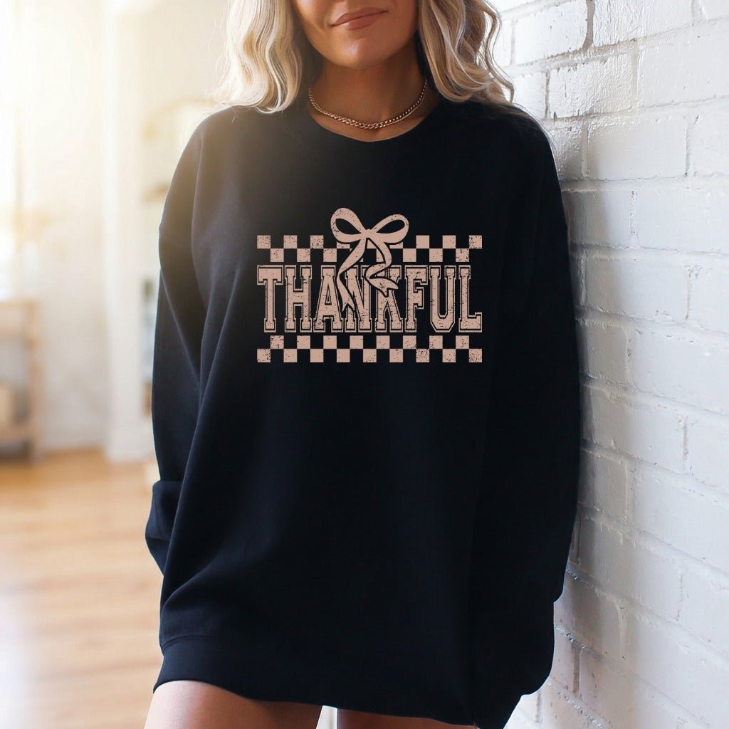 Thankful Checkerboard Bow | Gratitude & Blessing Sweatshirt - Luckets.com