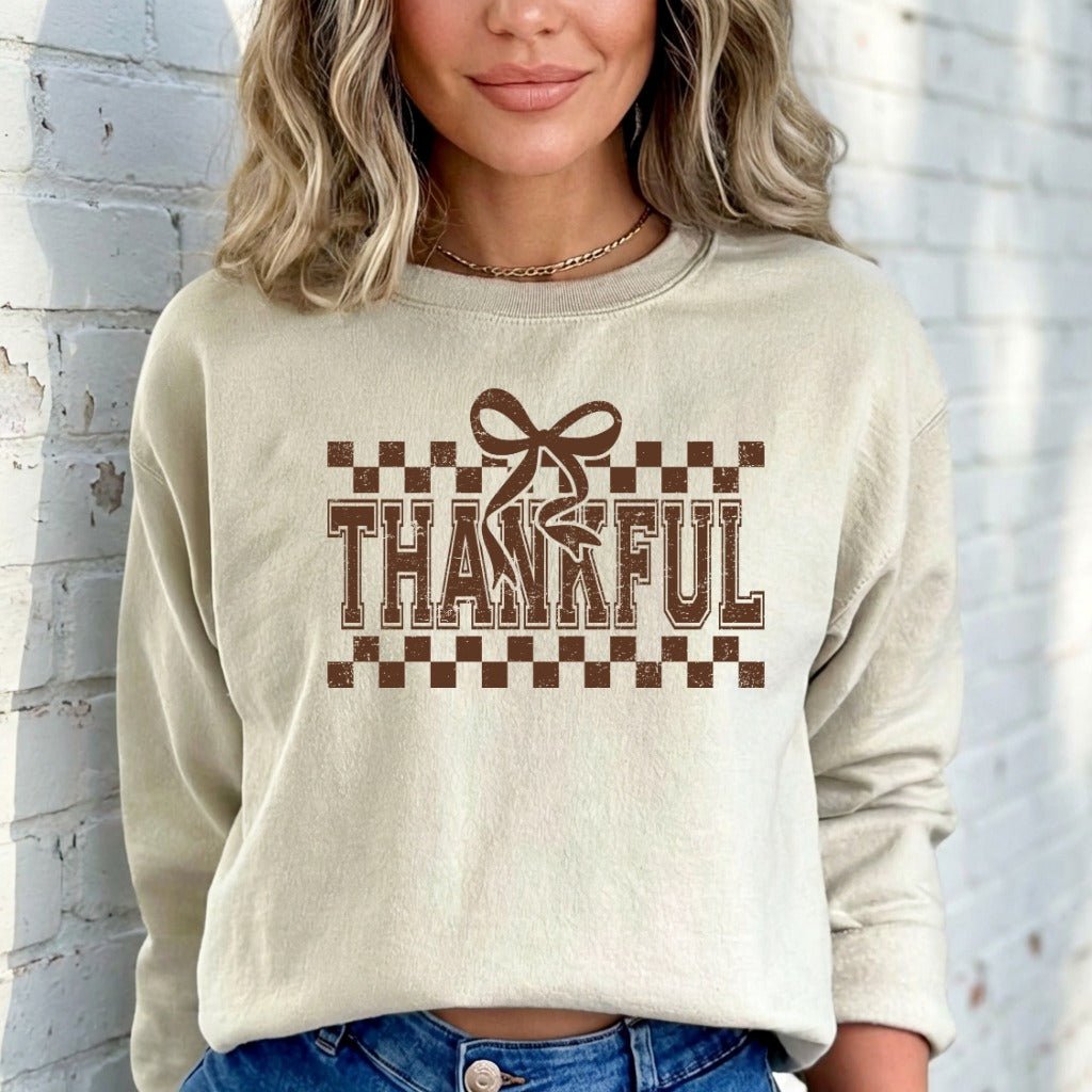 Thankful Checkerboard Bow | Gratitude & Blessing Sweatshirt - Luckets.com