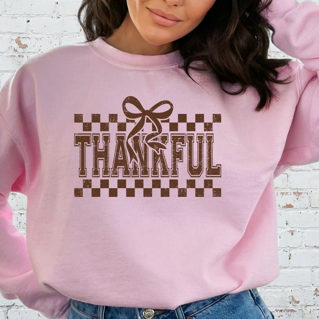 Thankful Checkerboard Bow | Gratitude & Blessing Sweatshirt - Luckets.com