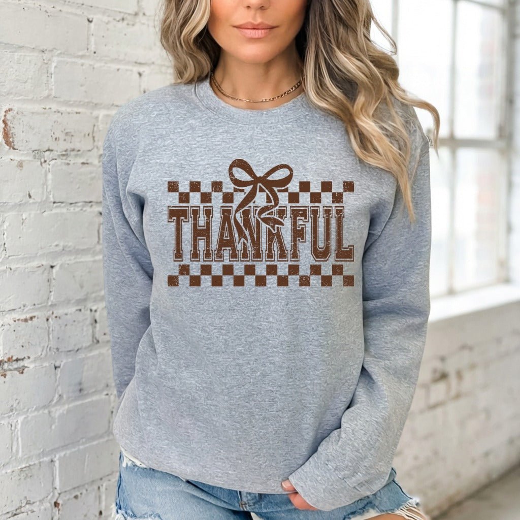 Thankful Checkerboard Bow | Gratitude & Blessing Sweatshirt - Luckets.com