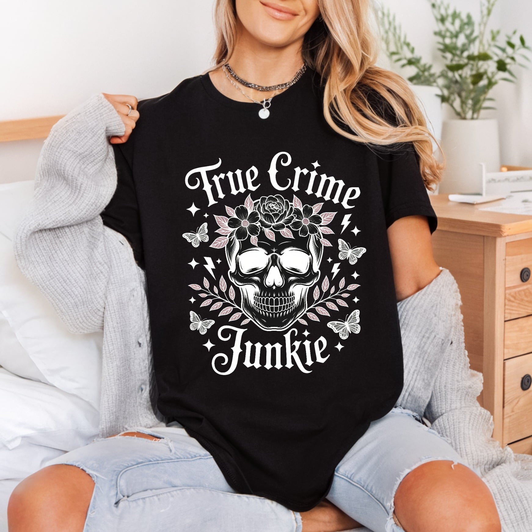 True Crime Junkie Floral Halloween Skull Ready to Press DTF Transfer for Dtf
