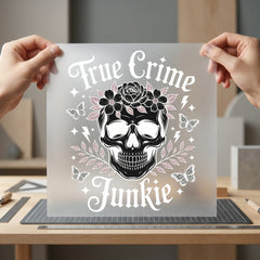 True Crime Junkie Floral Halloween Skull Ready to Press DTF Transfer for Dtf