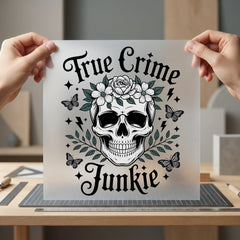 True Crime Junkie Floral Halloween Skull Ready to Press DTF Transfer for Dtf