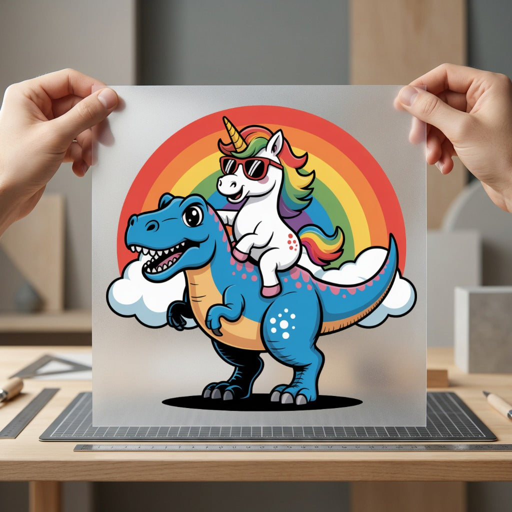 Unicorn Riding T-rex Retro Retro Ready to Press DTF Transfer for Dtf