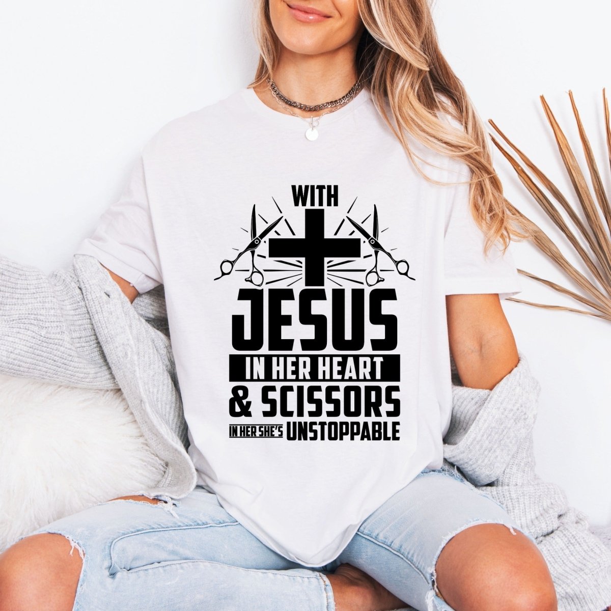 Unstoppable With Jesus & Scissors | Hair Stylist Faith Tee - Luckets.com