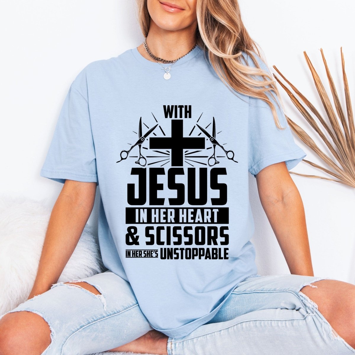 Unstoppable With Jesus & Scissors | Hair Stylist Faith Tee - Luckets.com