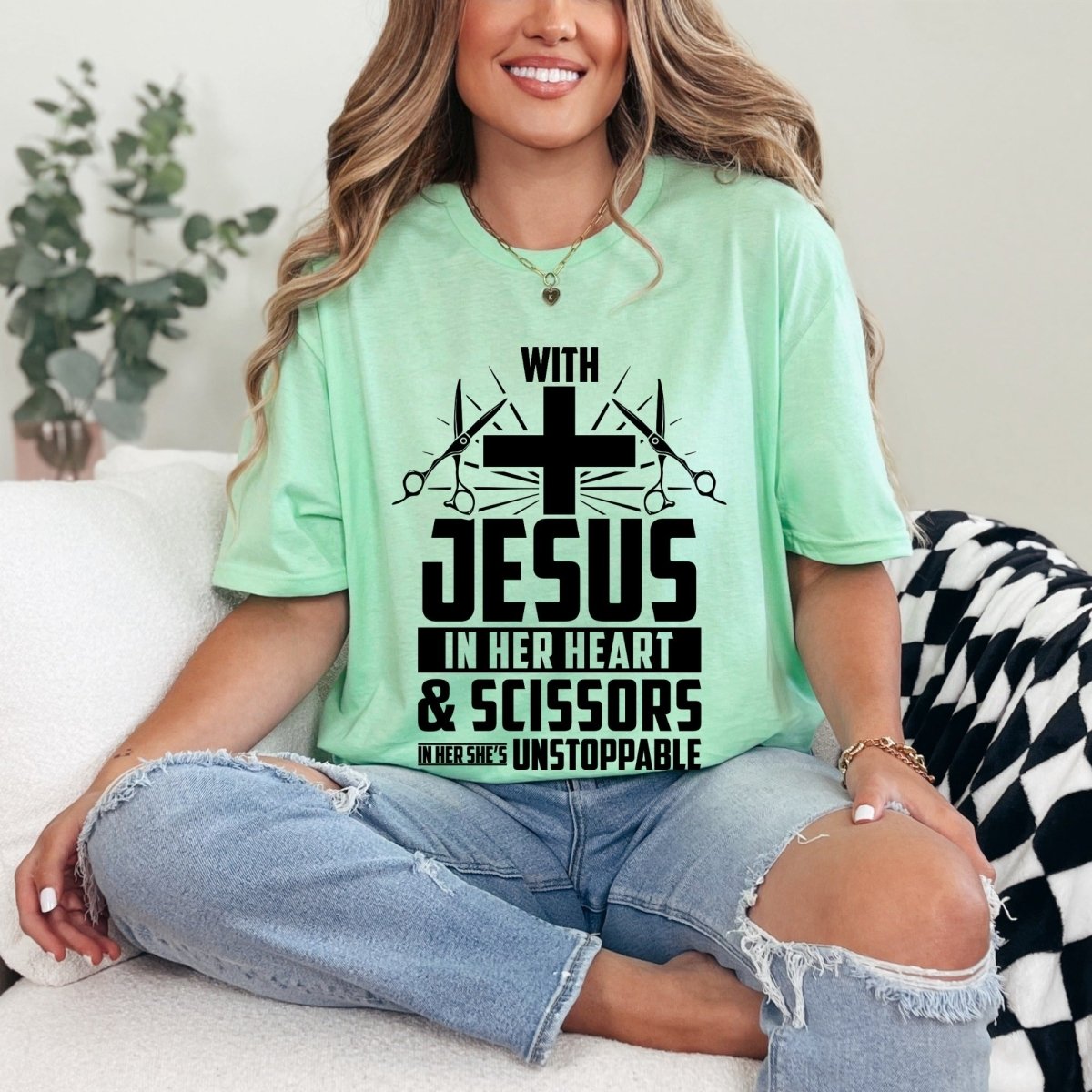 Unstoppable With Jesus & Scissors | Hair Stylist Faith Tee - Luckets.com