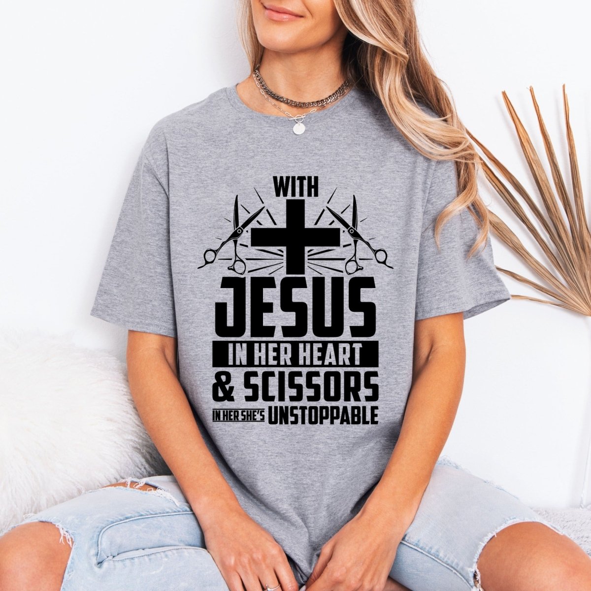 Unstoppable With Jesus & Scissors | Hair Stylist Faith Tee - Luckets.com