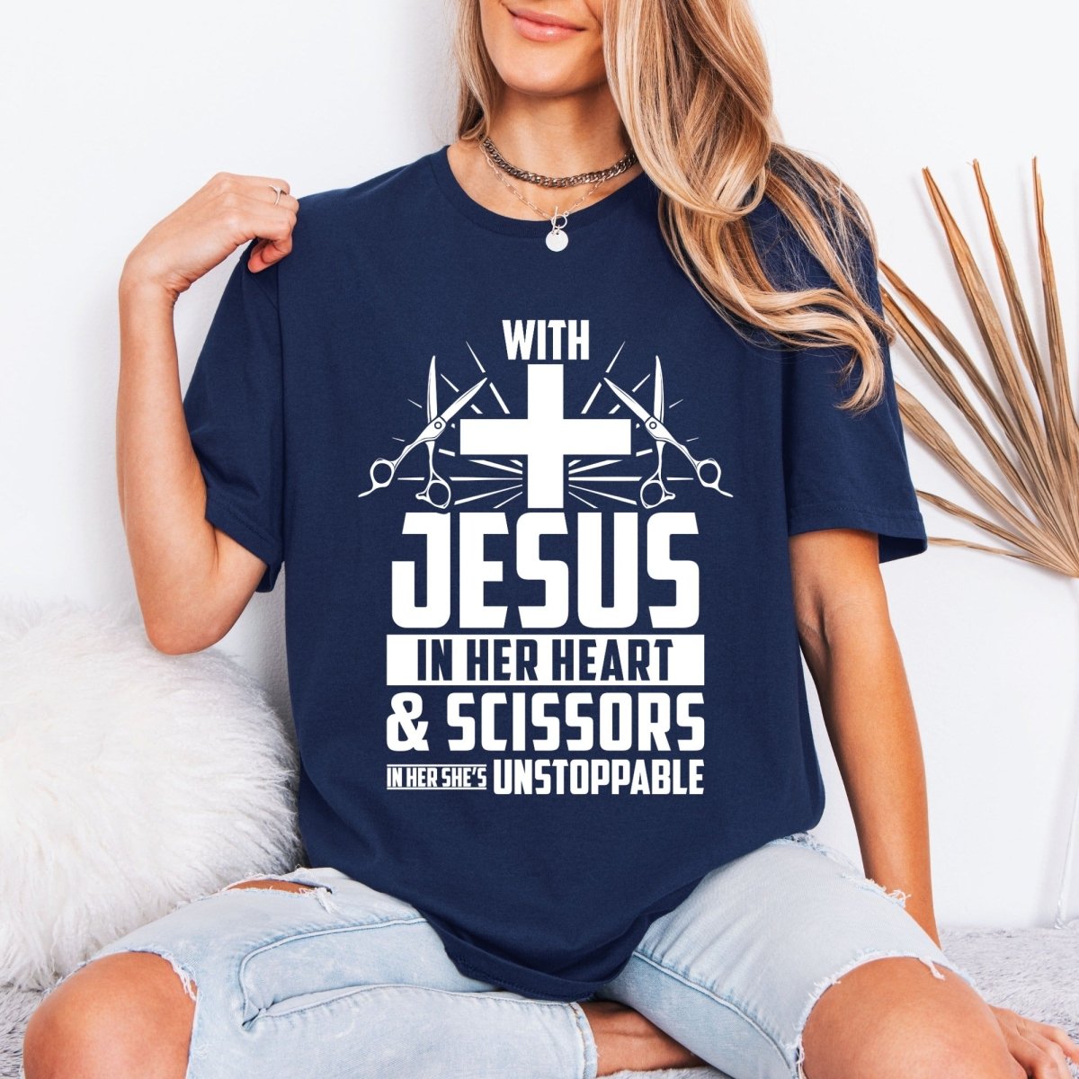 Unstoppable With Jesus & Scissors | Hair Stylist Faith Tee - Luckets.com
