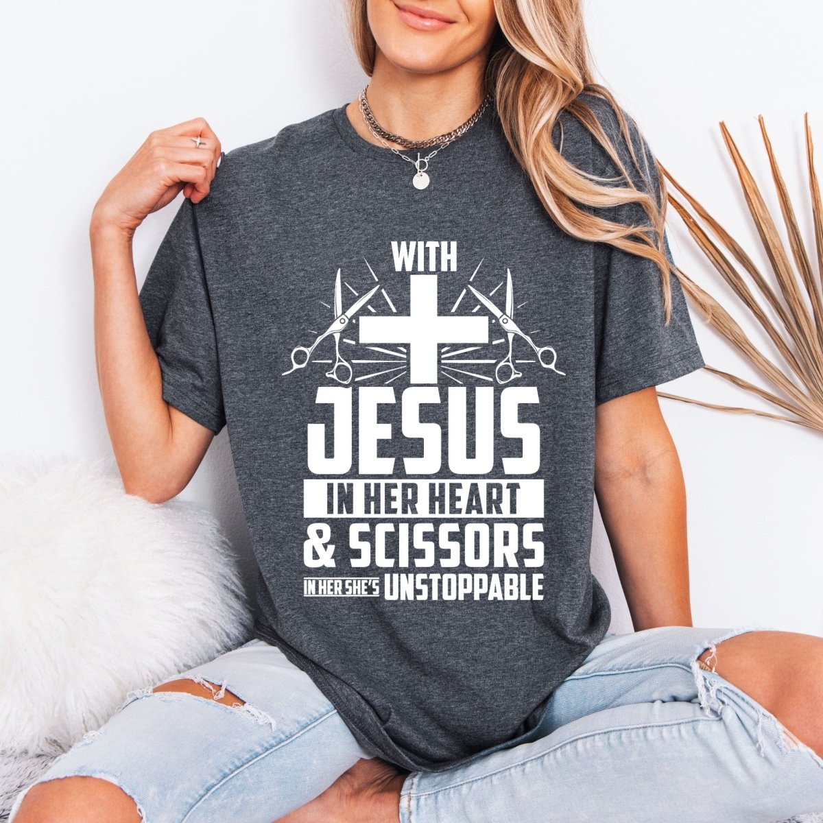 Unstoppable With Jesus & Scissors | Hair Stylist Faith Tee - Luckets.com