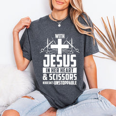 Unstoppable With Jesus & Scissors | Hair Stylist Faith Tee - Luckets.com