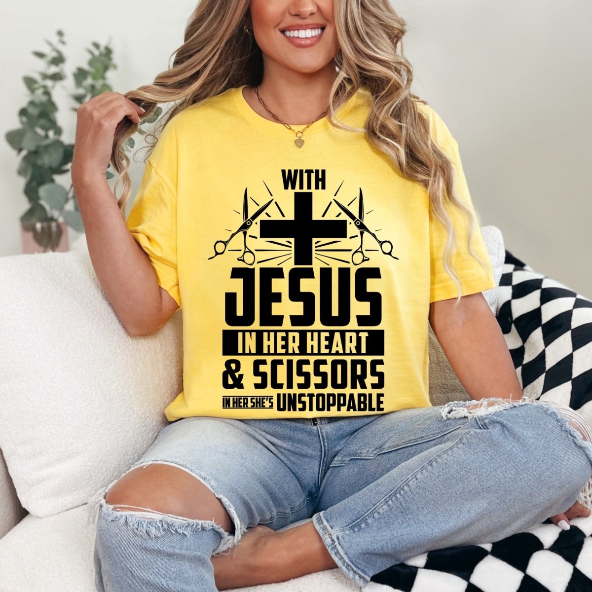 Unstoppable With Jesus & Scissors | Hair Stylist Faith Tee - Luckets.com